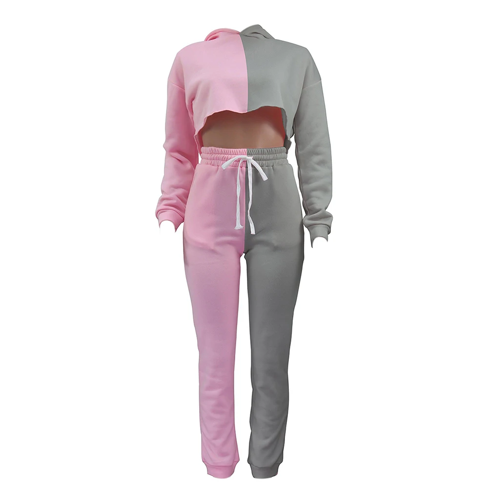 Two Tone Color Tracksuits Crop Top Sweatshirt With Comfortable Trouser Gym Street Wear Sweatsuits For Sale