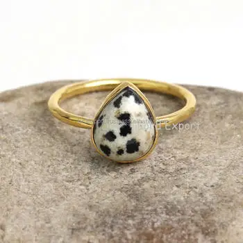 High Quality 925 Solid Sterling Silver 18K Gold Plated Natural Dalmatian Jasper 12x16mm Pear Bezel Setting Ring Fine Jewelry