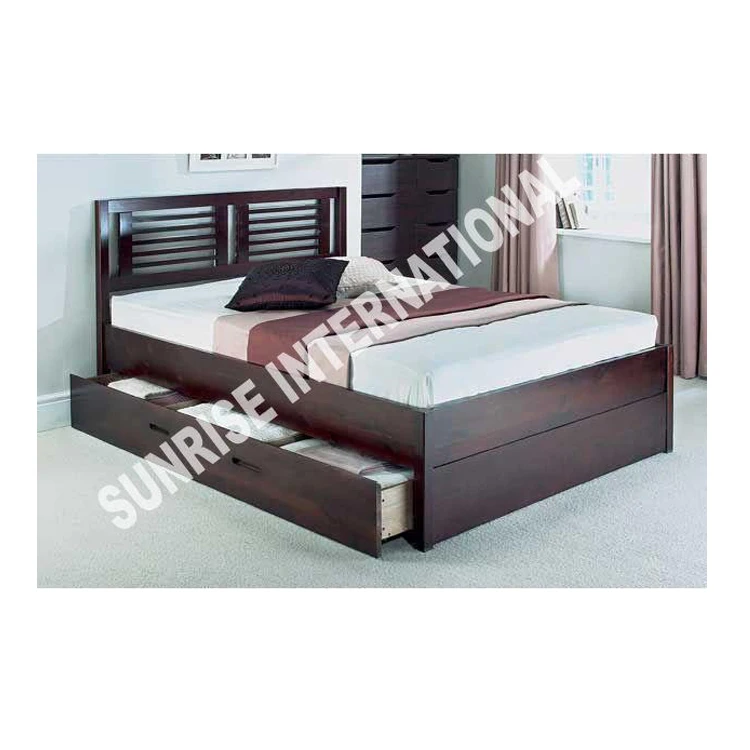 Indian Manufacturer of High Quality Wholesale Sheesham Wood Queen Size Double Bed with 2 Storage Drawers