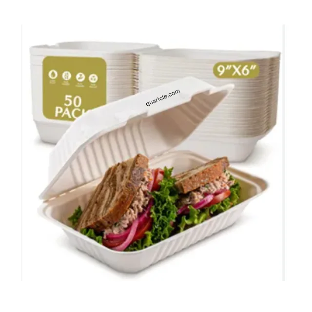 Modern Trending Disposable 9*6 9*9 Bagasse Burger Box Clamshell Natural for All Type of Events Packaging Food Trucks Travel