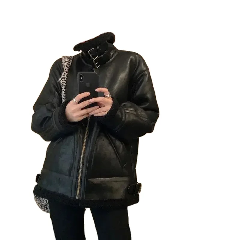 Autumn Fashionable Cool Trendy Lamb Fur Coat for Women Winter Loose Stand Collar Motorcycle Suit Leather Jacket for Women