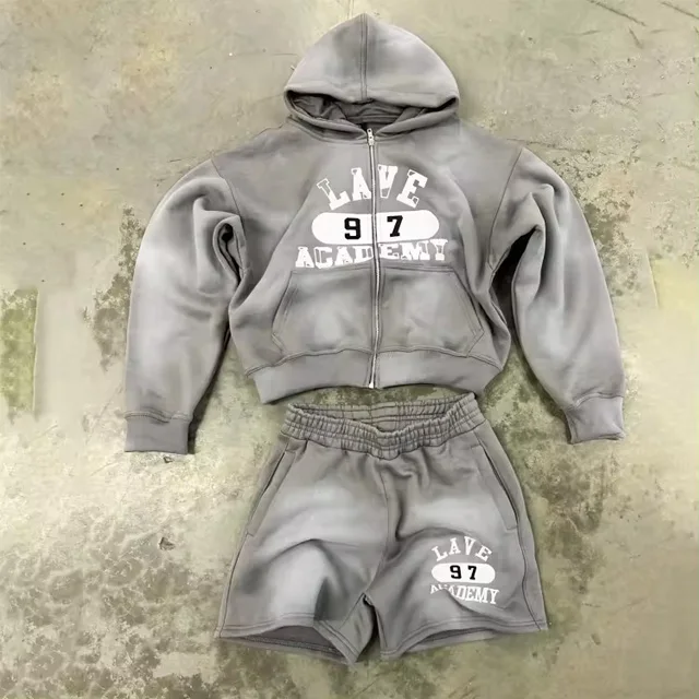 Custom streetwear zip up hoodie and shorts set man sweatsuit embroidery patch sun faded acid washed hoodies tracksuit