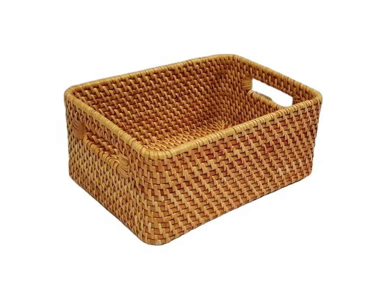 Amazon hot selling 2022 Rectangular House Serving Rattan Wicker Basket With Two Handles for storage made in Vietnam