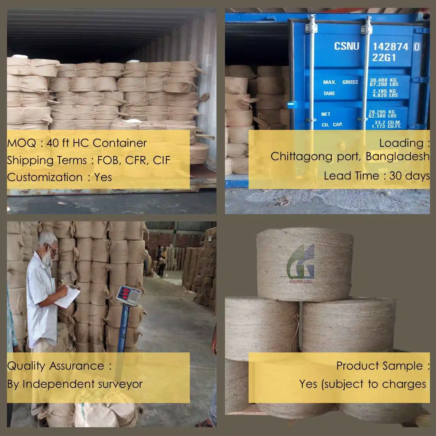 28 Lbs Single Ply Sacking Quality Jute Yarn 100% Tossa Yute 10 kg Spools Manufacturer Wholesale Goodman Global Bangladesh