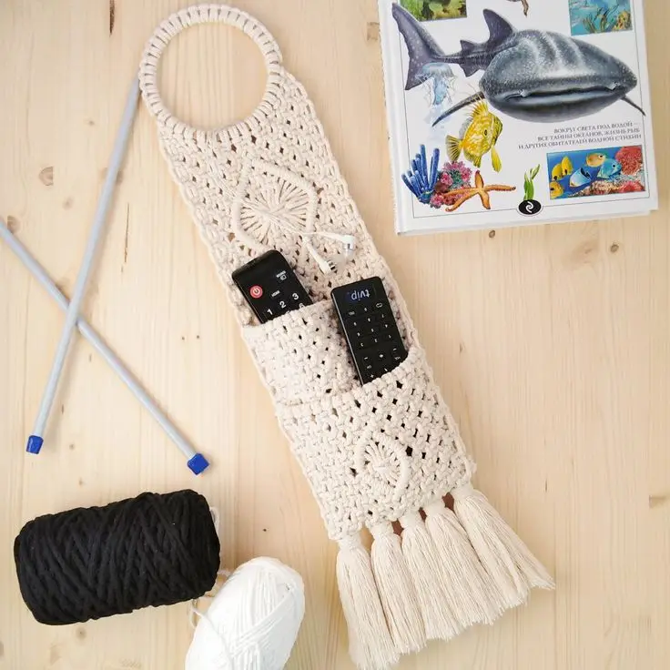 New Trendy Macrame Remote Control Holder Hand Knitted Wall Remote Holder For Pen Magazine Glasses Cell Phone