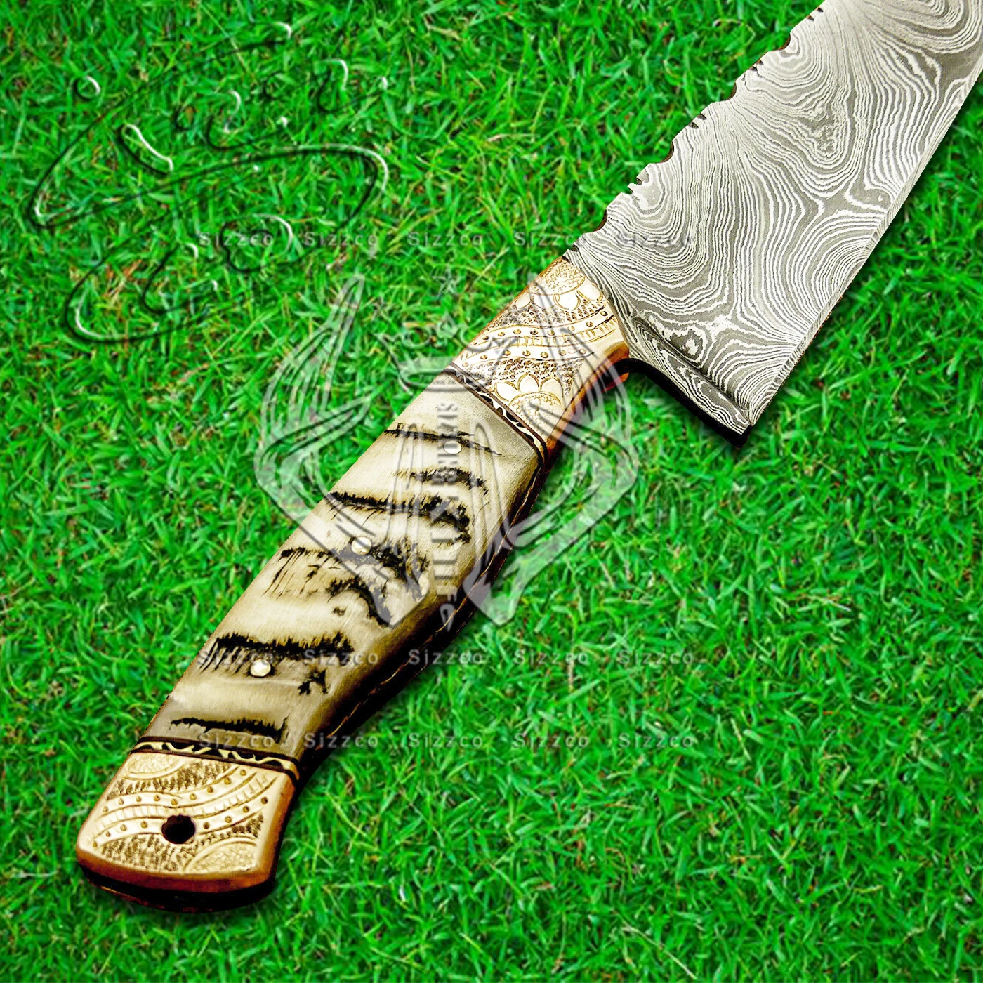 High Quality Custom Damascus Steel Kitchen Chef Knife Handle Ram Horn, Engraved Brass, Leather Sheath Top Rated Selling item