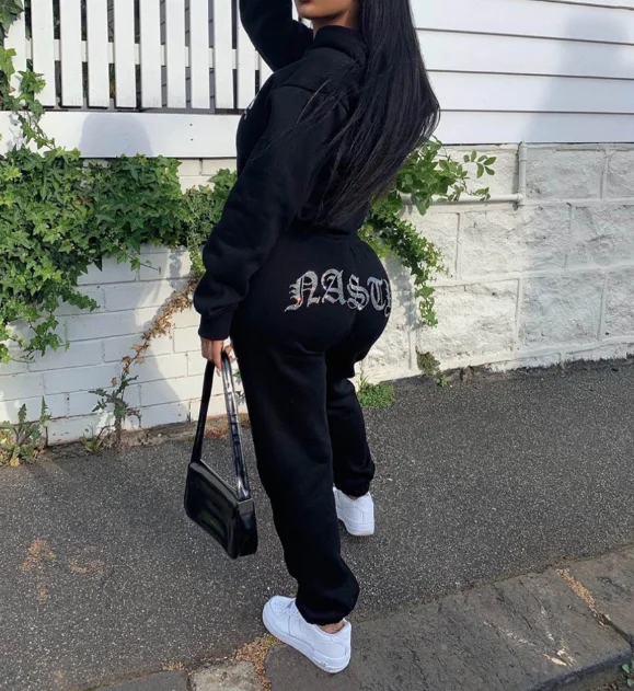 New Arrival High Quality Rhinestone Tracksuits Black Sportswear Manufacture Lady Tracksuits Distressed Style Tracksuits