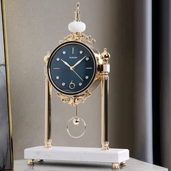 Japandi Traditional Metal Blue Round Mantel & Table Top Clock with Pendulum White Marble Base