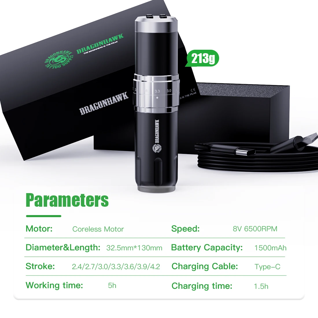 Dragonhawk Fold PRO 3 Wireless Tattoo Machine Double Battery Pen 7 Strokes