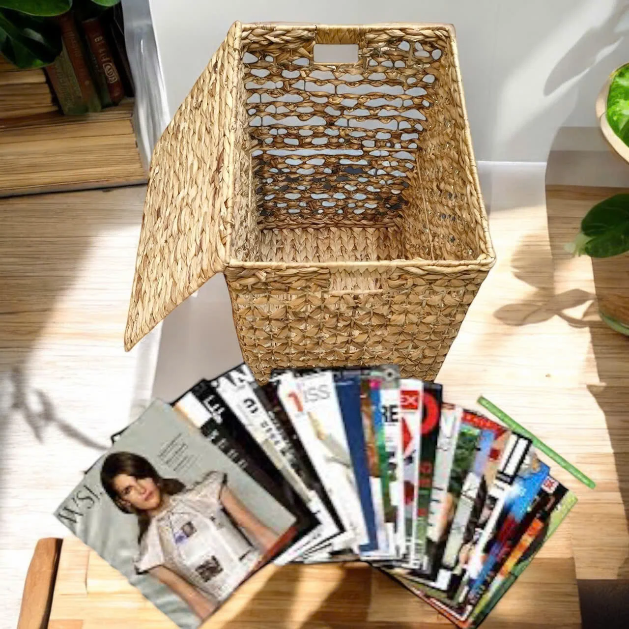 Factory Direct #3005A2 Water Hyacinth Storage Basket Rectangular Durable Iron Frame Flat Handle Wicker Fabric Kitchen Use