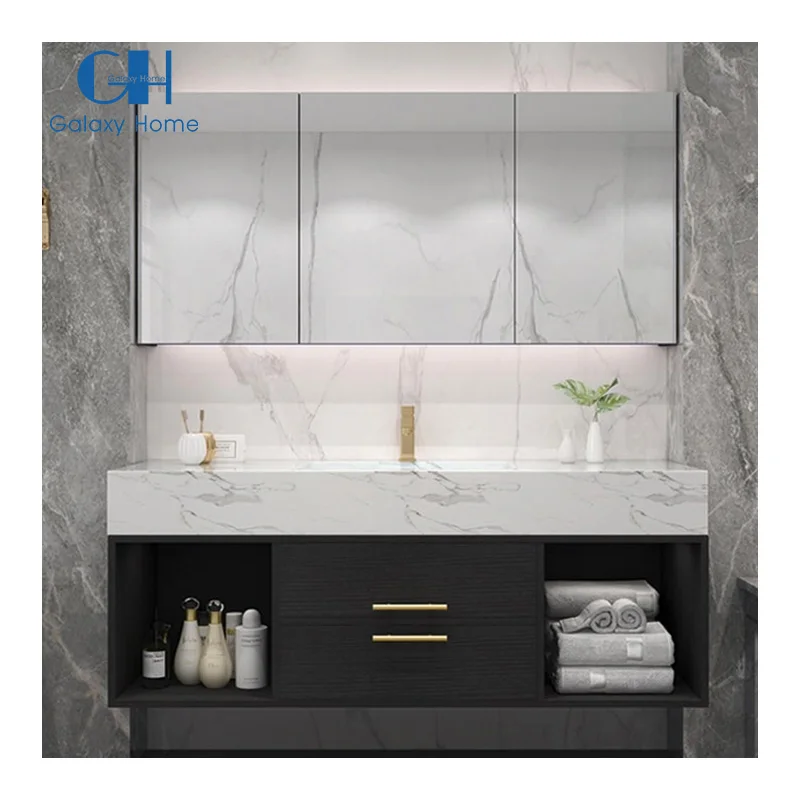 American Style Bathroom Furniture Solid Wood Vanity Cabinet with Sink LED Mirror Soft-Close Doors and Water-Resistant Finish
