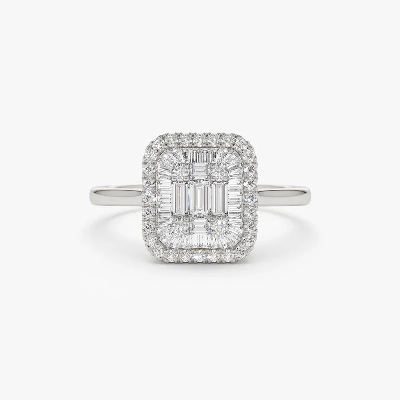High Quality Baguette Diamond Ring 14k 18k Solid Gold Illusion Setting Unique Vintage wedding Engagement natural diamond Ring