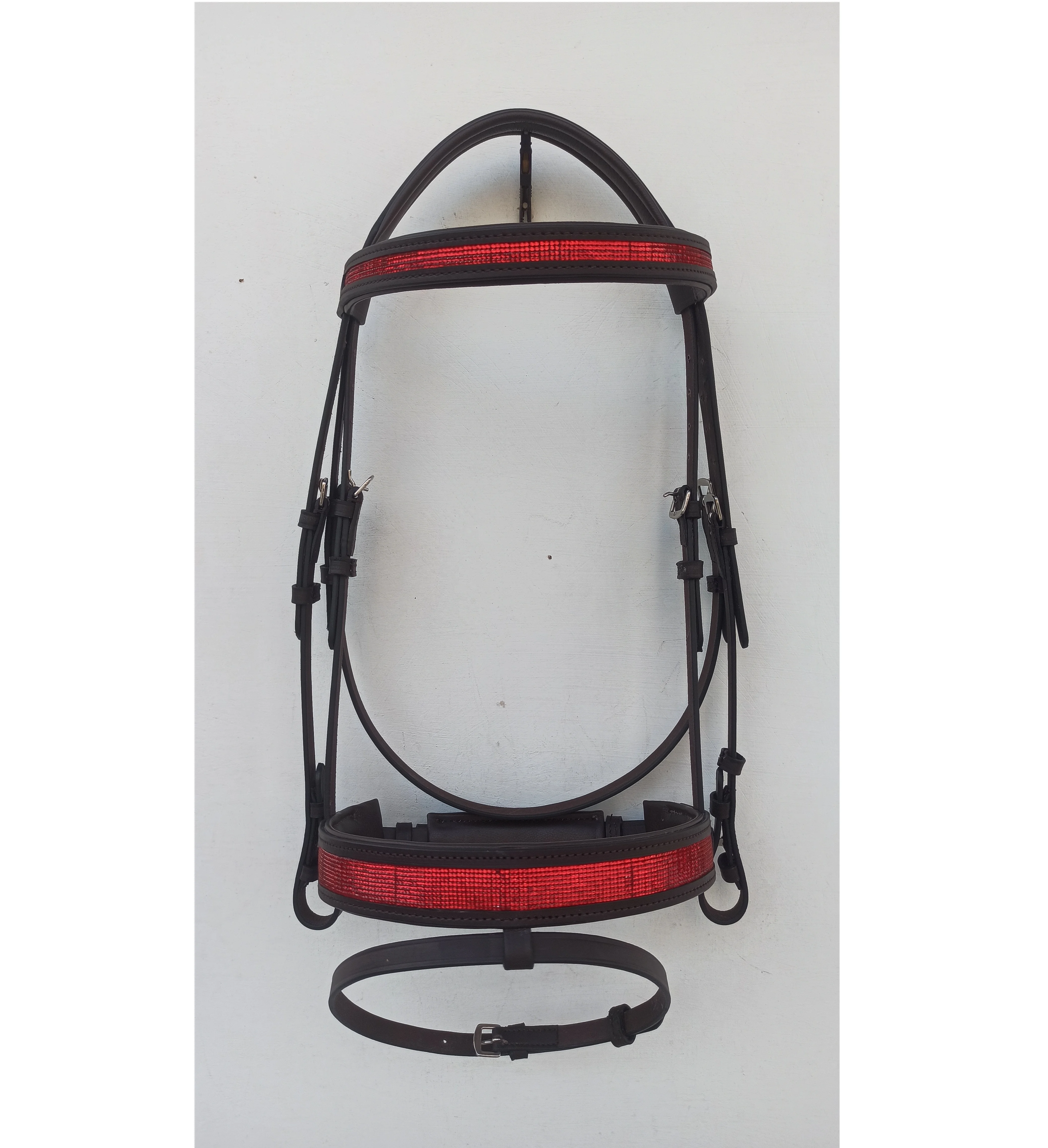 Black DD Soft Leather Horse Bridle Red Crystal Chain Wave Brow Band Padded Noseband Suppliers