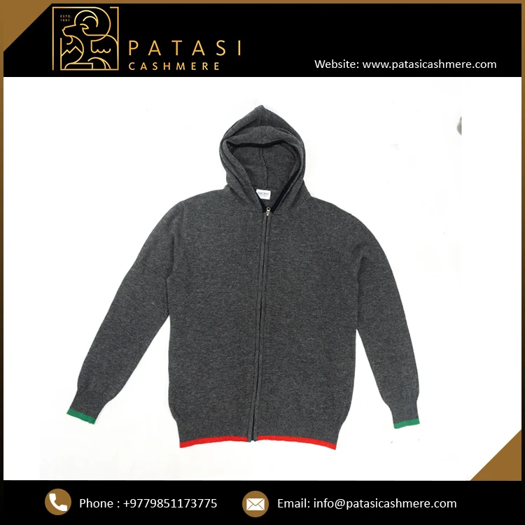 Custom Logo Printed 100% Cashmere Charcoal Grey Flat Knitted Track Jacket with Warm Hood Fancy Long Outdoor Jacket