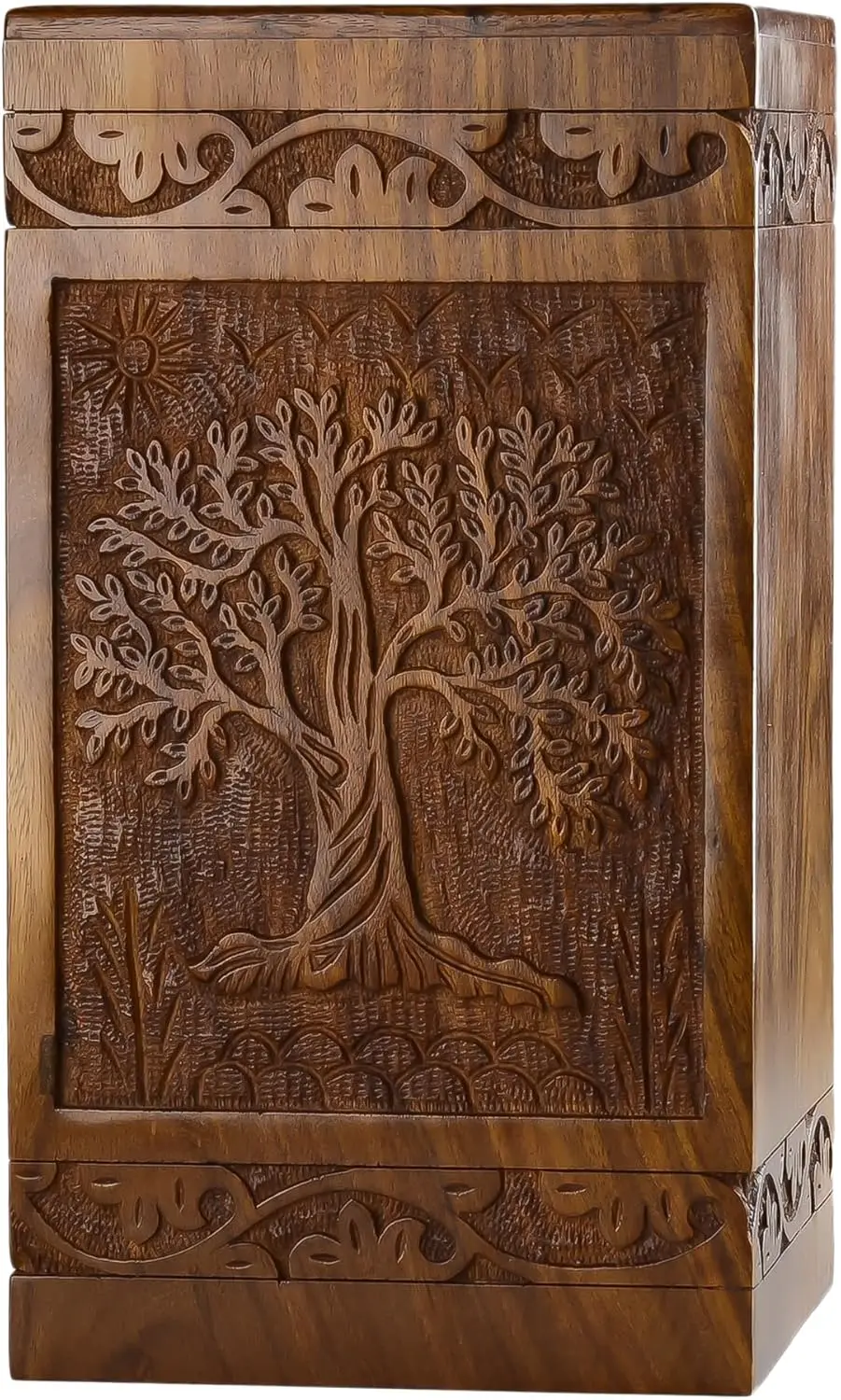Tree of Life Carved Wooden Cremation Urn for Ashes,Adult Size Wooden Funeral Urn Burial Wholesale Supplies