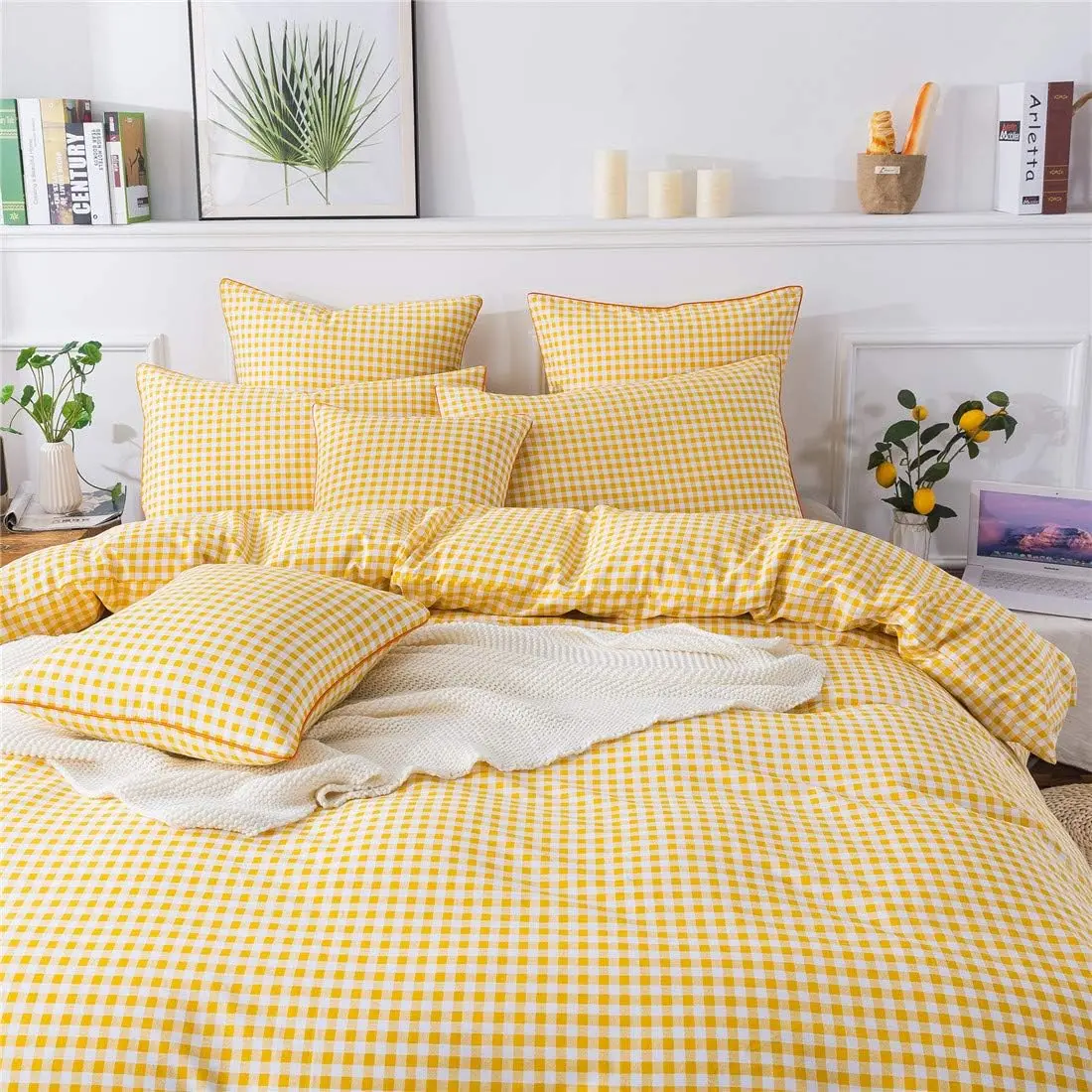 Yellow Plaid Duvet Cover Set Queen 100% Cotton Ultra Soft Grid Bedding Reversible Gingham Geometric Checker Bedding Set