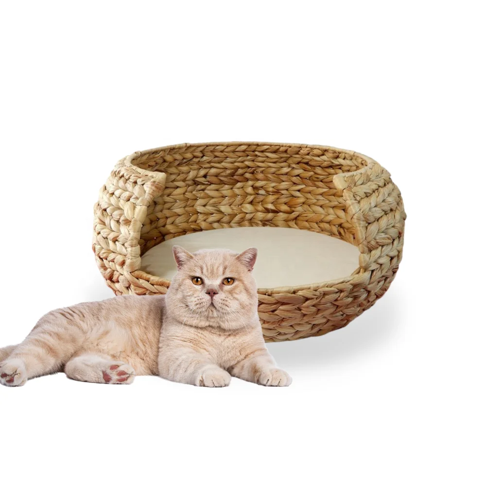 New Eco Friendly Hyacinth Pet Bed Plush Round Cat Cushion Deep Sleep Cat Dog Sofa Bed Woven Pet Bed Adorable