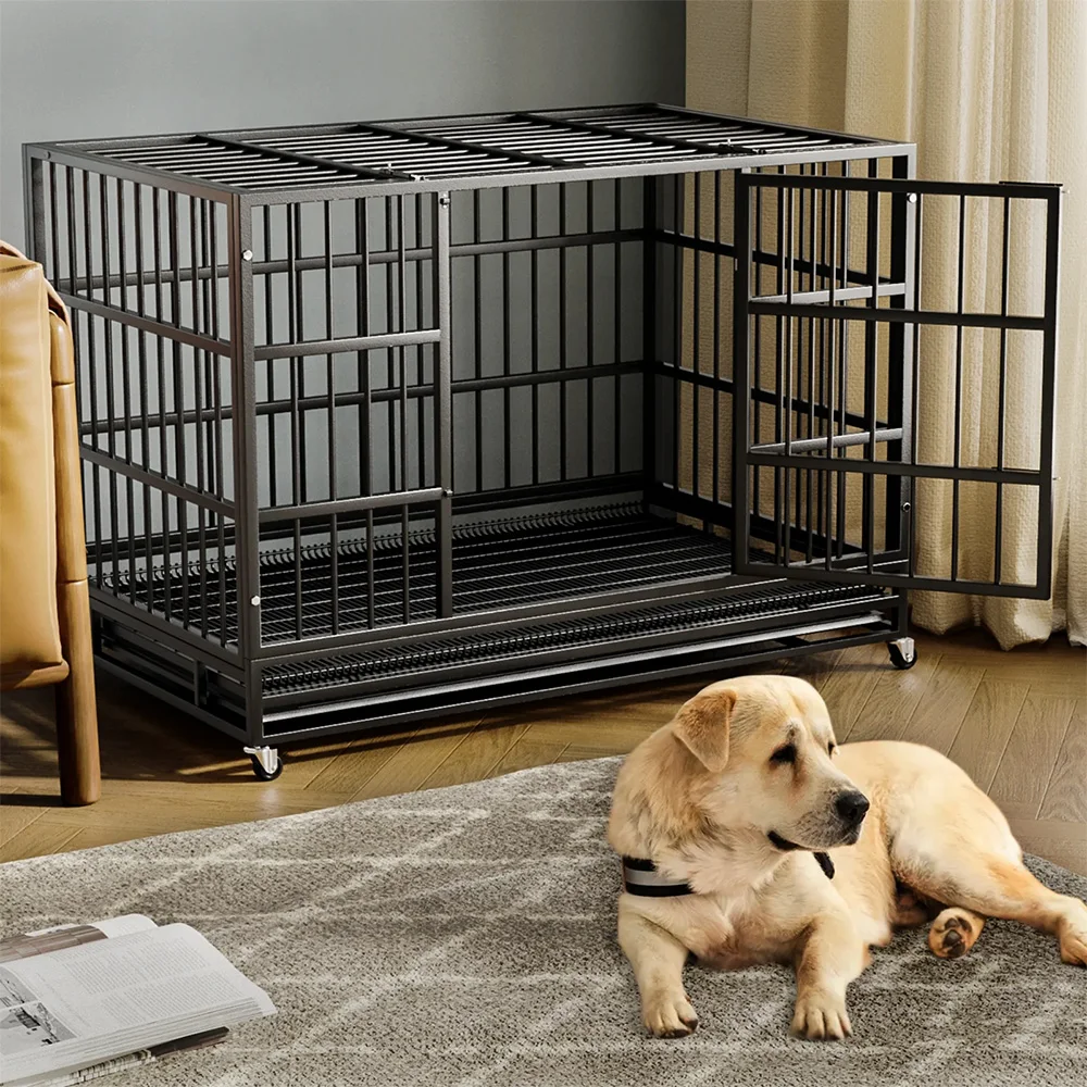 48 Inch Heavy Duty Dog Crate with Wheels for Indoor and Outdoor, Large Dog Kennel with Removable Tray