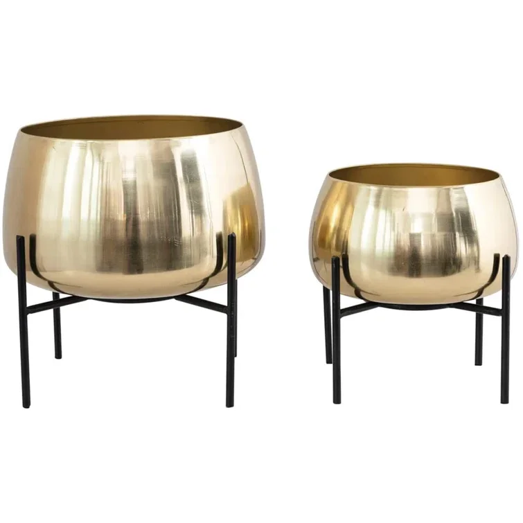 Mid century modern decorative Creative Stylish round shape gold 2 Piece Metal Pot Planter Set For Home Hotel Indoor Garden Decor