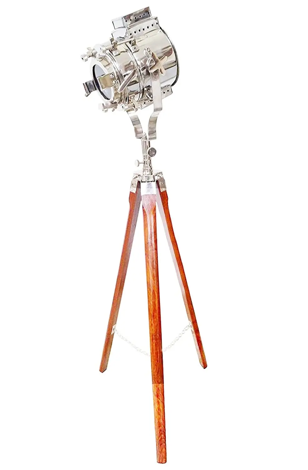 Modern Hollywood Searchlight Floor Lamp with Chrome Nickel Spotlight and Wooden Tripod Stand Large for Living Room