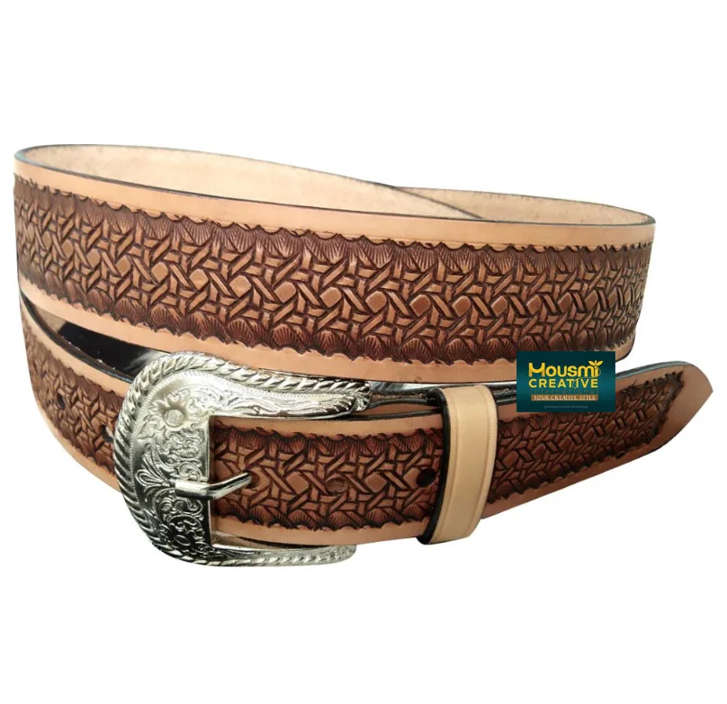 Affordable Price Unisex Western Style Cowboy Fashion Belt Custom Size Low MOQ Genuine Cowhide Tooled Leather Wholesale Supplier