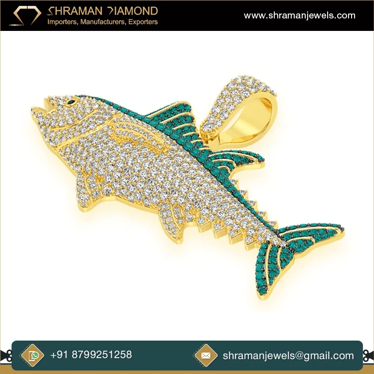 Leading Supplier of 4.4 CTS and 35 Grams 925 Silver Luxury Fashion Jewelry Custom Bluefin Tuna Moissanite Diamond Pendant