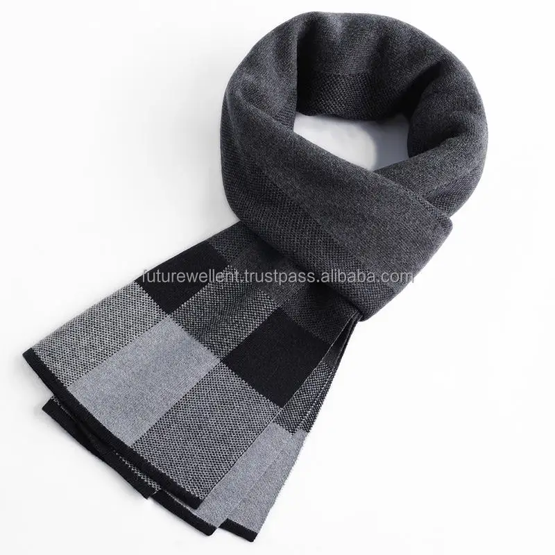 Hot Selling Business Elegant Men Acrylic Neck Scarf Plaid Wool Knitted Scarves For Men Casual Wear Wool Custom Quality Scarves