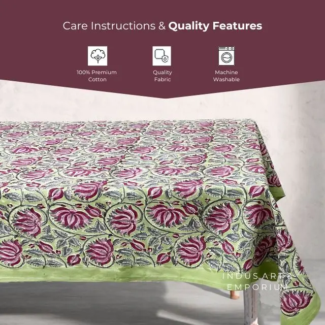 Indian Hand Block Printed Cotton Table Cloth for 6 Seater 8 Seater Dining Table