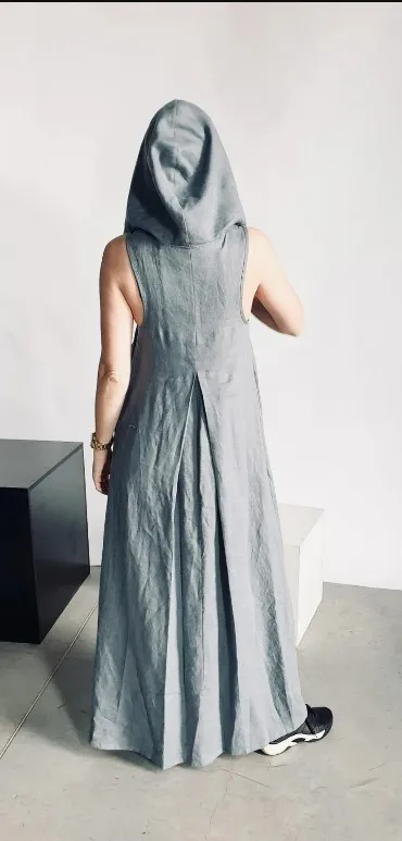 New Arrivals women long 100% linen floor length sleeveless linen long hoodie maxi with pocket linen dress