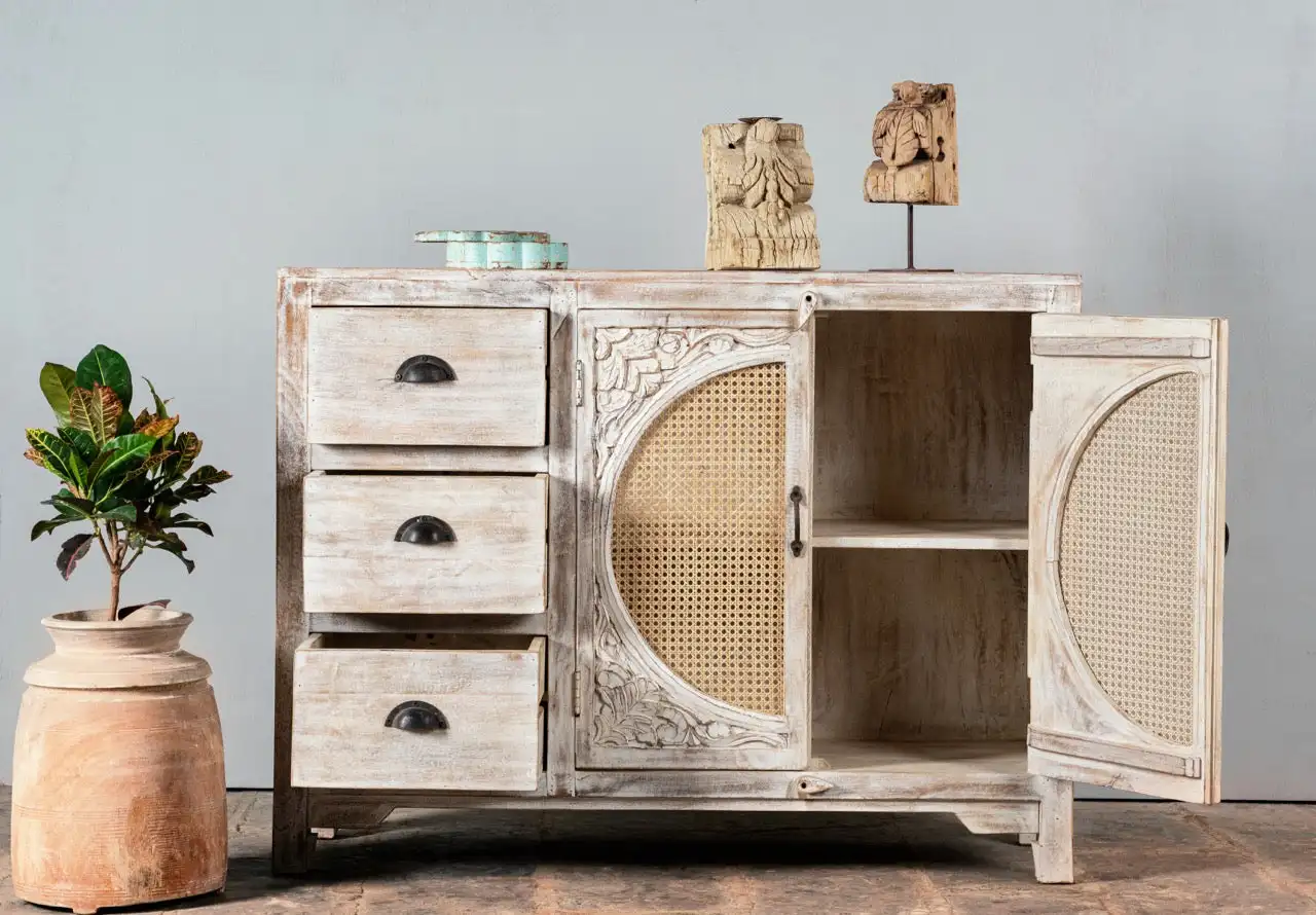 rattan materials mango wooden furniture Indian hand carved solid white- washed natural mango wood sideboard