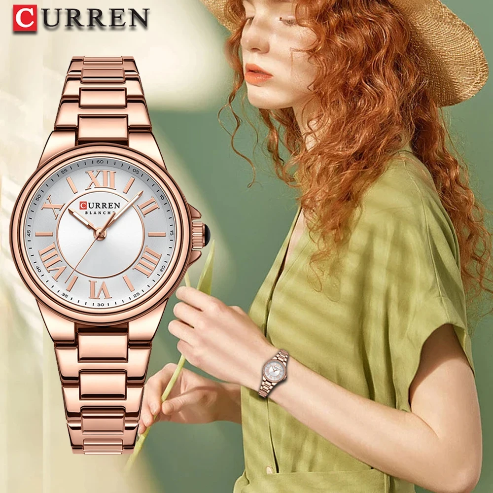 CURREN 9091 Romantic Charm Women Wristwatches Fashion Design Thin Quartz Watch with Luminous Hands Stainless Steel Bracelet