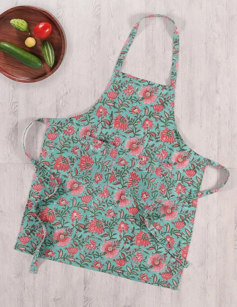 Latest Design New Trendy Cotton Apron Kitchen Organic Cotton Fabric Block Printed Plain Dyed Kitchen Accessories