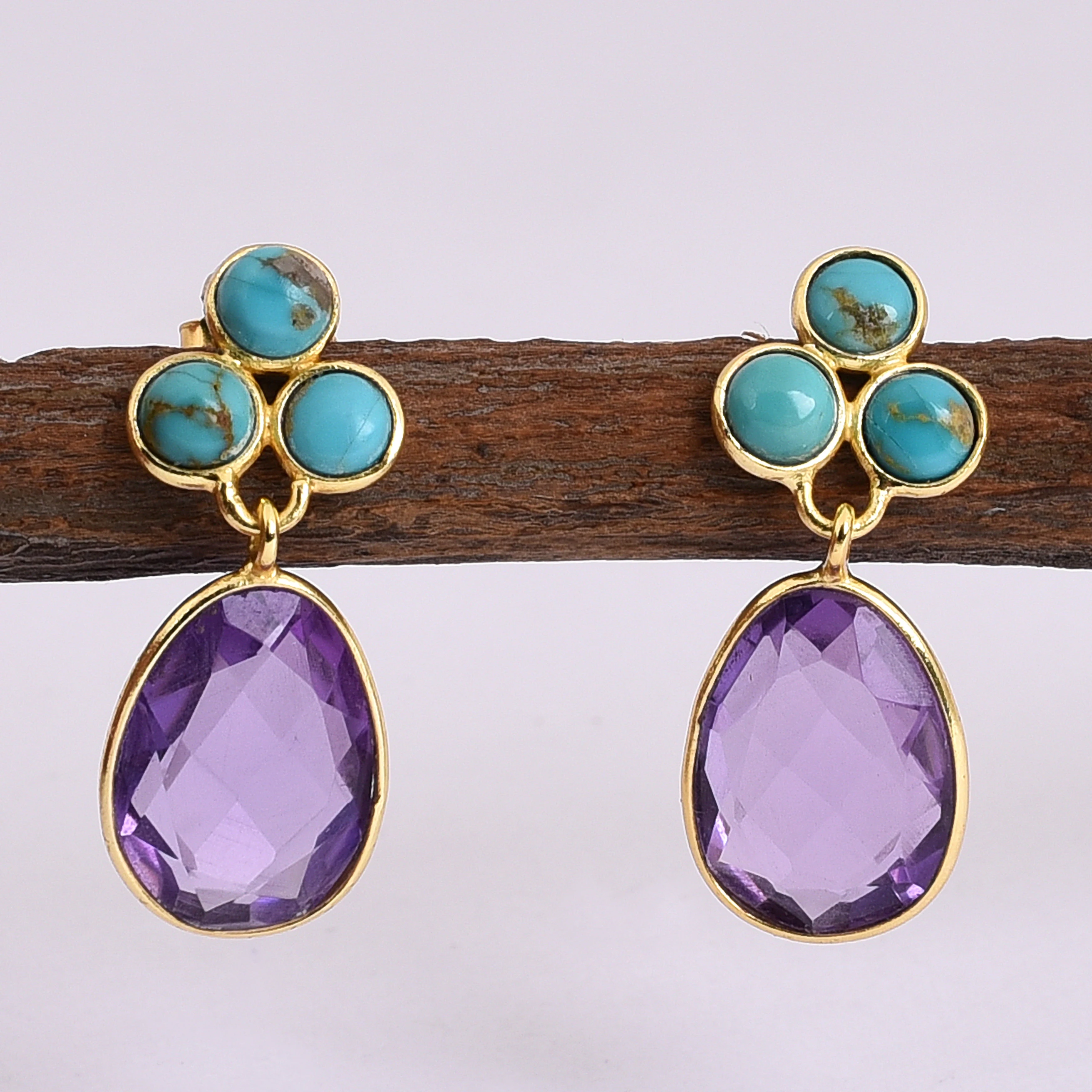 925 Sterling Silver Gold Plated Earring with Turquoise and Amethyst Earring Handmade Jewelry Gift For Her Wholesale Jewelry
