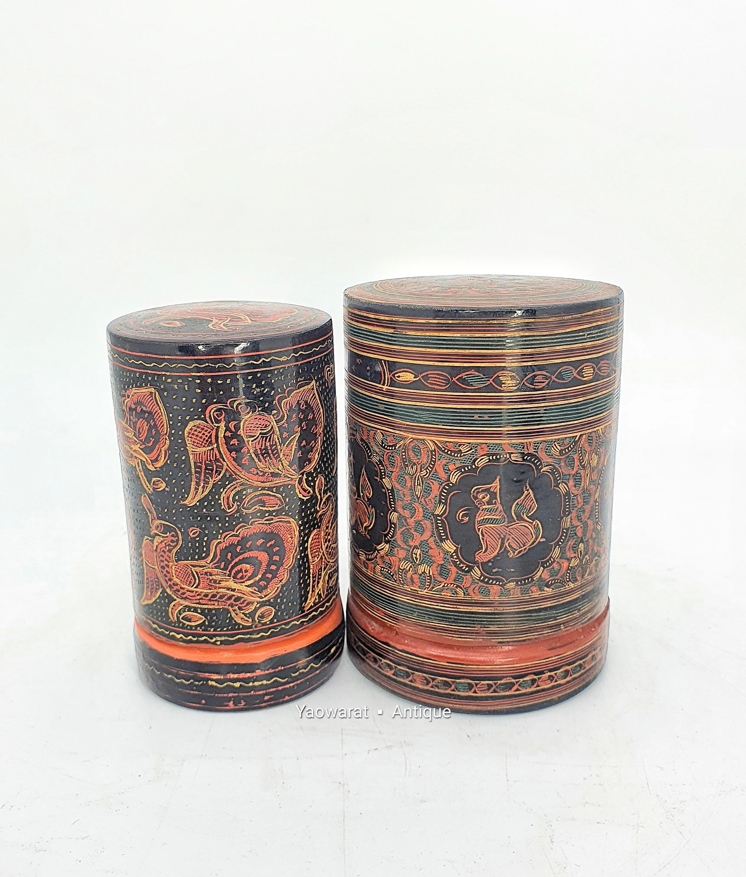 An Antique Group Of  Myanmar Lacquer Ware Cylindrical Shape Decorated With Animals For Collect And Decorated Home Decor