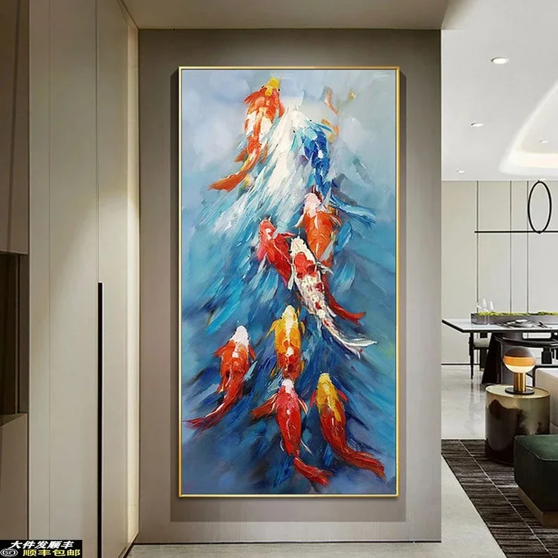 Huge Size  Abstract Colorful Red Carps Canvas Oil Painting Custom Handmade Koi Fish Gift For Home Decoration