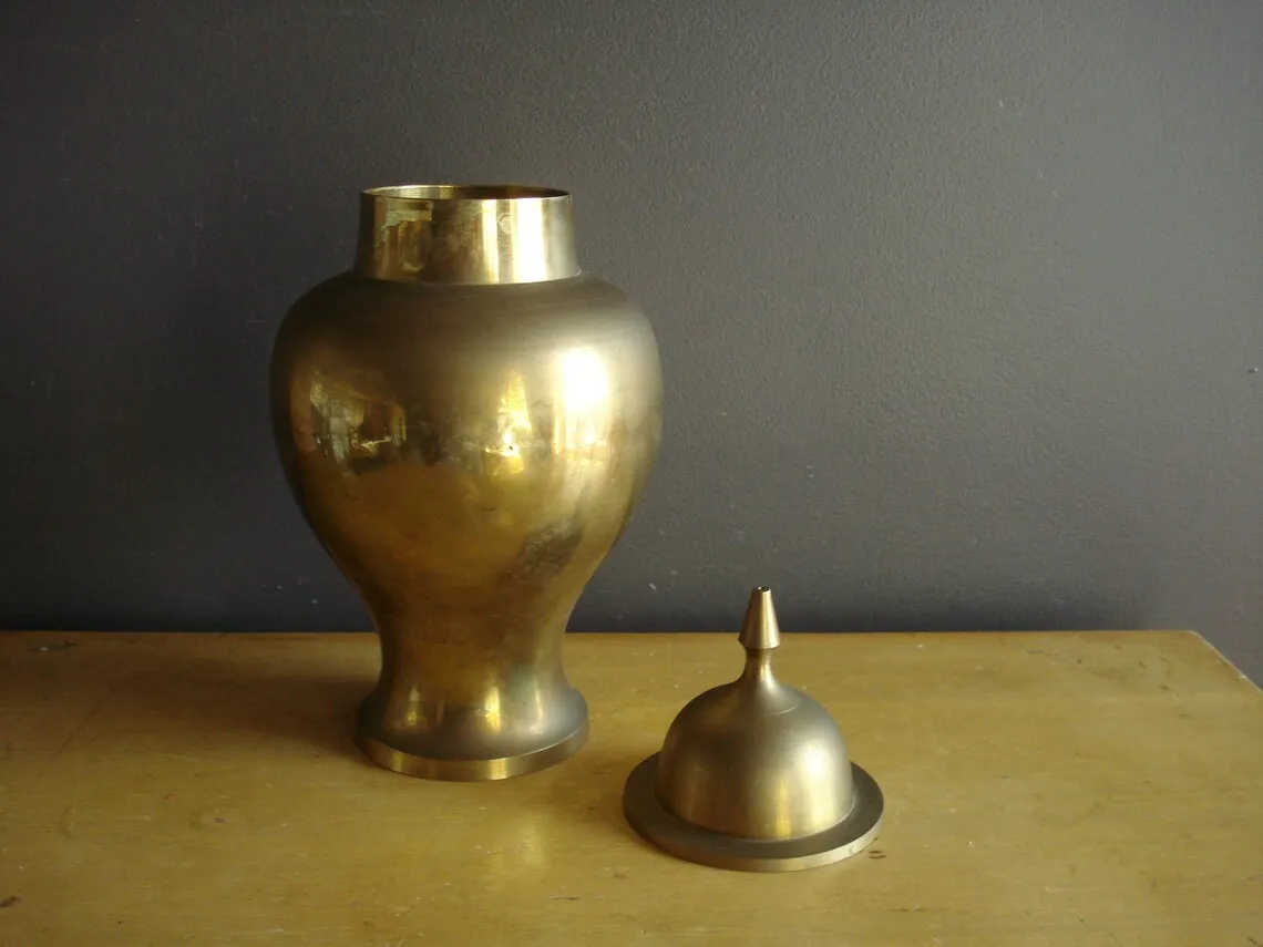 Ginger Brass Simple Vintage Brass Ginger Jar, Decorative Extra Large Brass Urn with Lid, Brass Jar Brass Gold