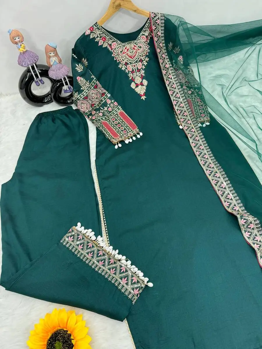 Fancy silk embroidery sequence work top palazzo with dupatta festival wear indian women wholesale price ethnic garment