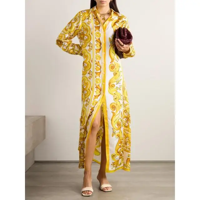 Elegant Yellow and White Printed Maxi Shirt Dress Eye-Catching Baroque Print Maxi Shirt Dress for Effortless Style