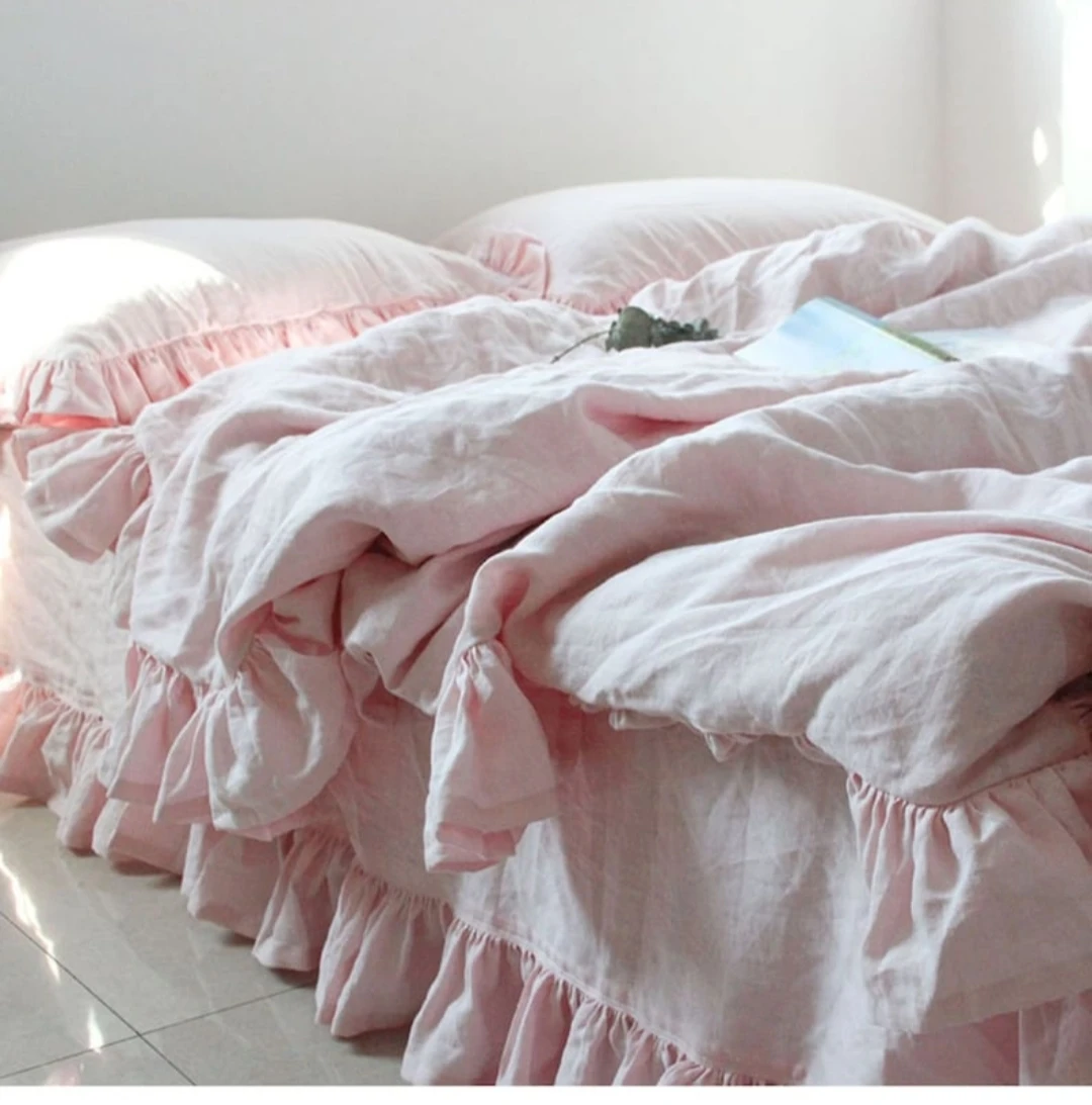 Linen DUVET COVER set. Rustic style linen bedding with single ruffles,  France linen bedding set,  ruffles and queen size