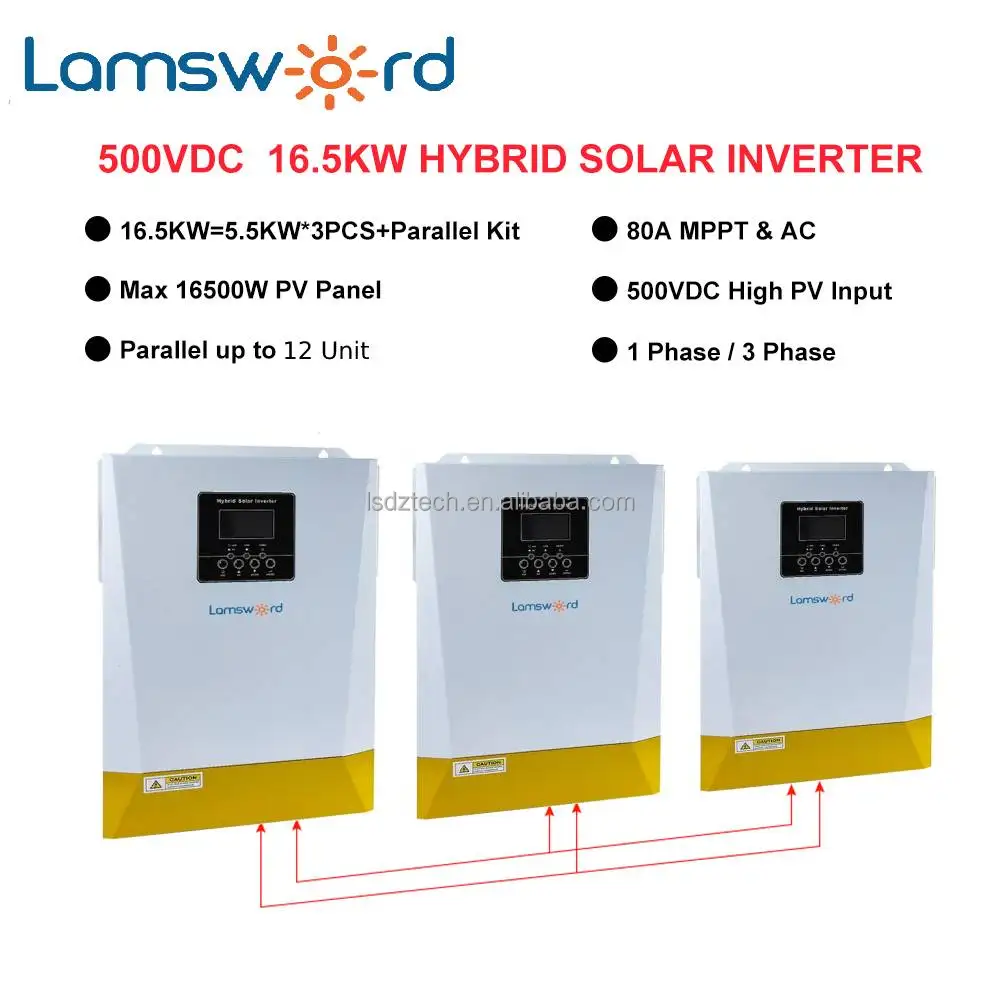 Factory selling 5.5KW 5.5KVA MPPT 80A 500VDC PV Input 220VAC 48V with/no Parallel Function 5500W 3 Phase Hybrid Solar inverter