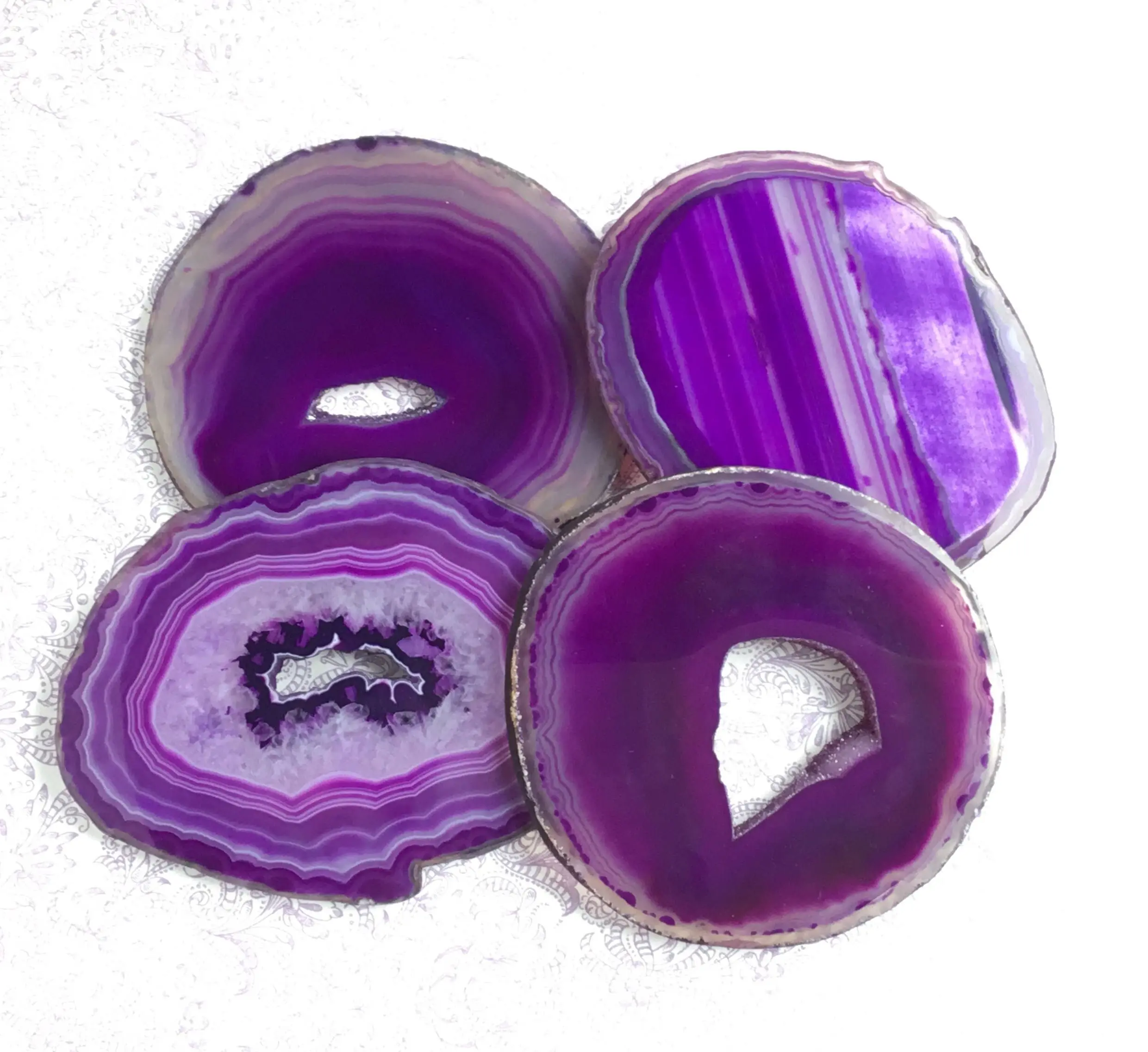 Natural Agate Coasters  | Purple Color Geode Coasters With Golden Plating  |Buy Online From Amayra Crystals Exports
