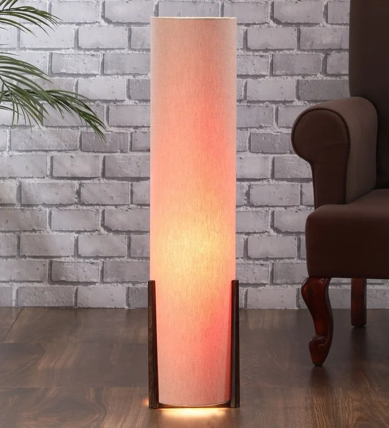Best Quality Beige Color Fabric Shade Lamp With Wooden Brown Base .