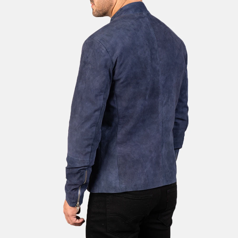 Blue Suede leather bomber jacket/OEM custom blue suede leather jacket/Wholesale genuine suede fashion fitted leather jacket men