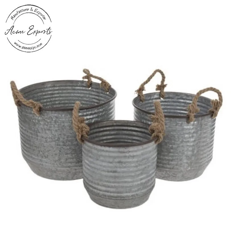 Best Quality Small Handmade Set of 2 Galvanized Iron Oval Bucket Planter with Rust Trim and Handles Used for Garden Balcony