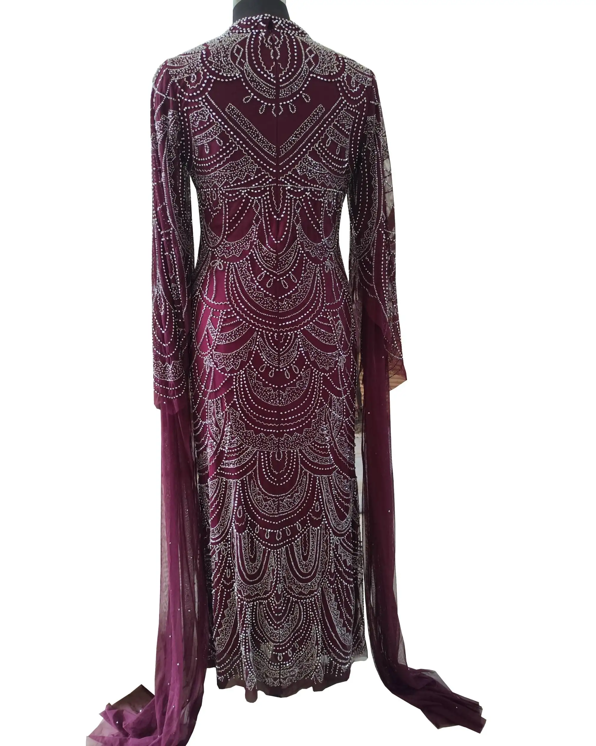 Designer Classy Beaded Evening Dress for Women Handmade Long Exclusive Double Sleeves Ball Party Collar Neck Anti-Static Feature