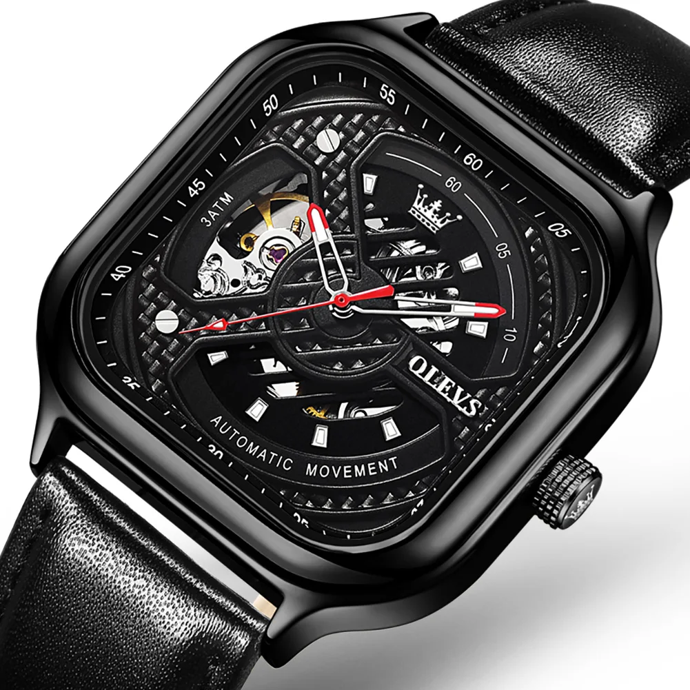 Custom High Quality Skeleton Square Watches Black Leather Watch Strap Automatic Mechanical Men Sports Watches