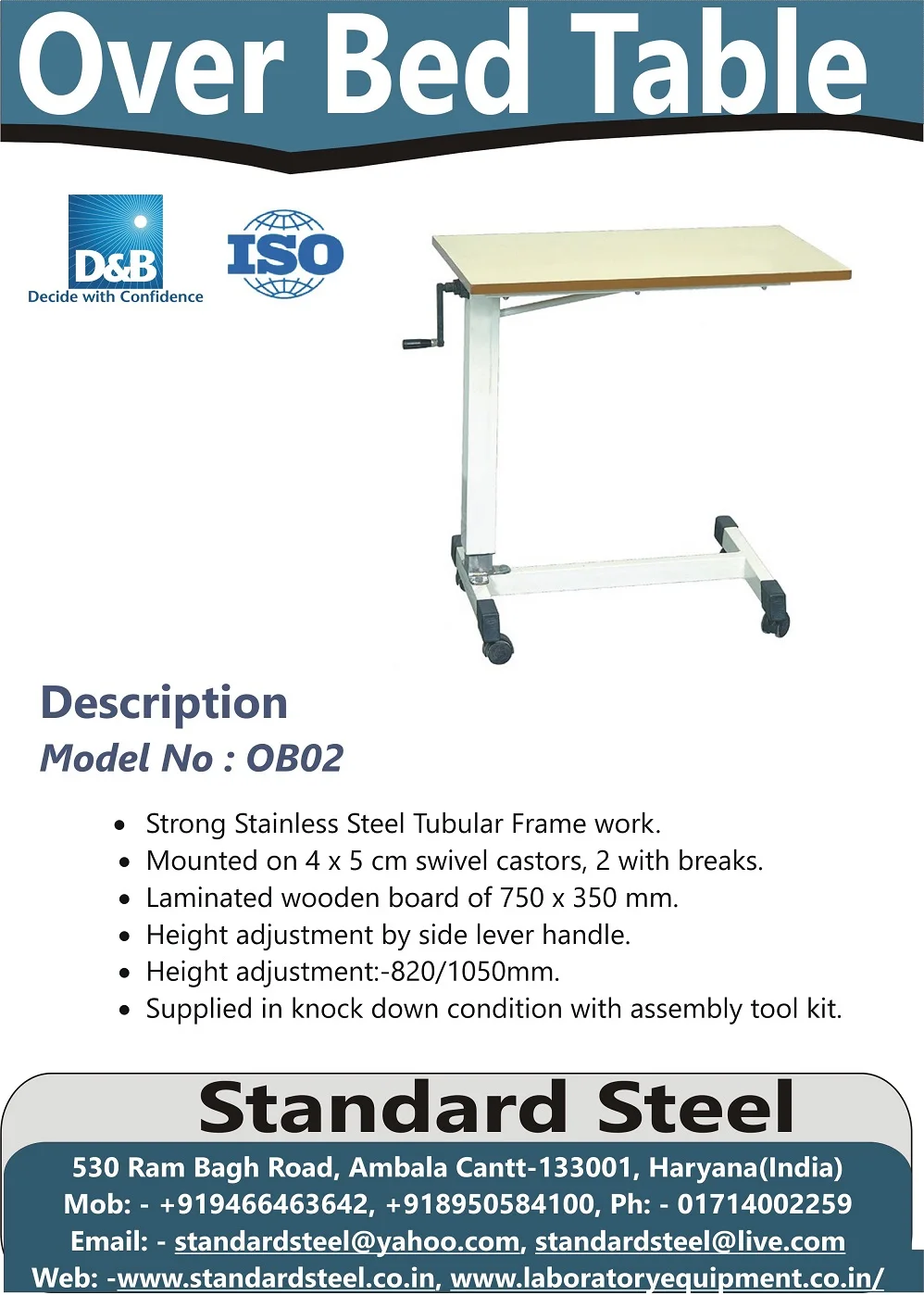 Patient Over Bed Table hospital patient food Table Height adjustable Hospital bed Table hospital furniture price