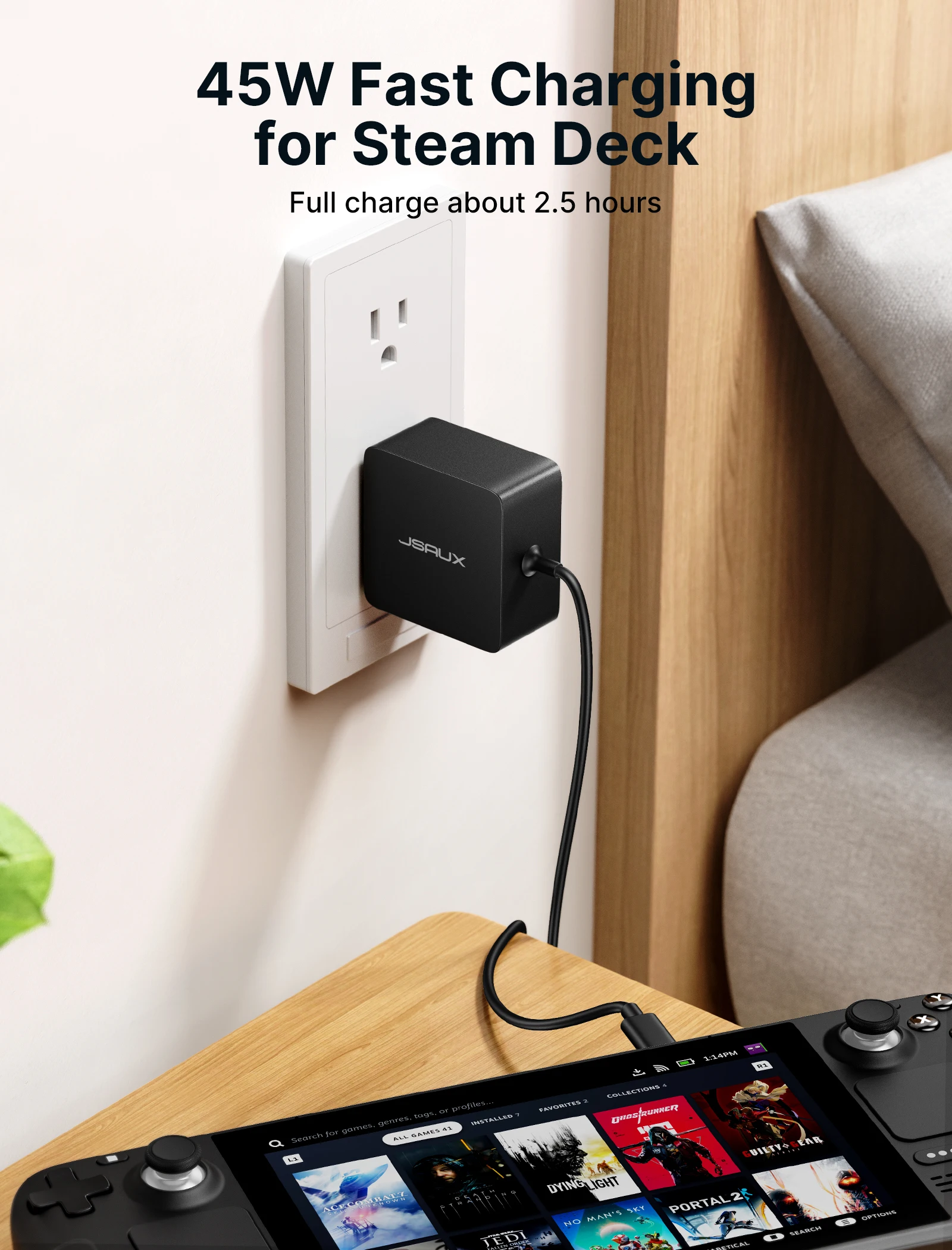JSAUX PD Fast Charging USB C Travel Charger for Steam Deck Switch
