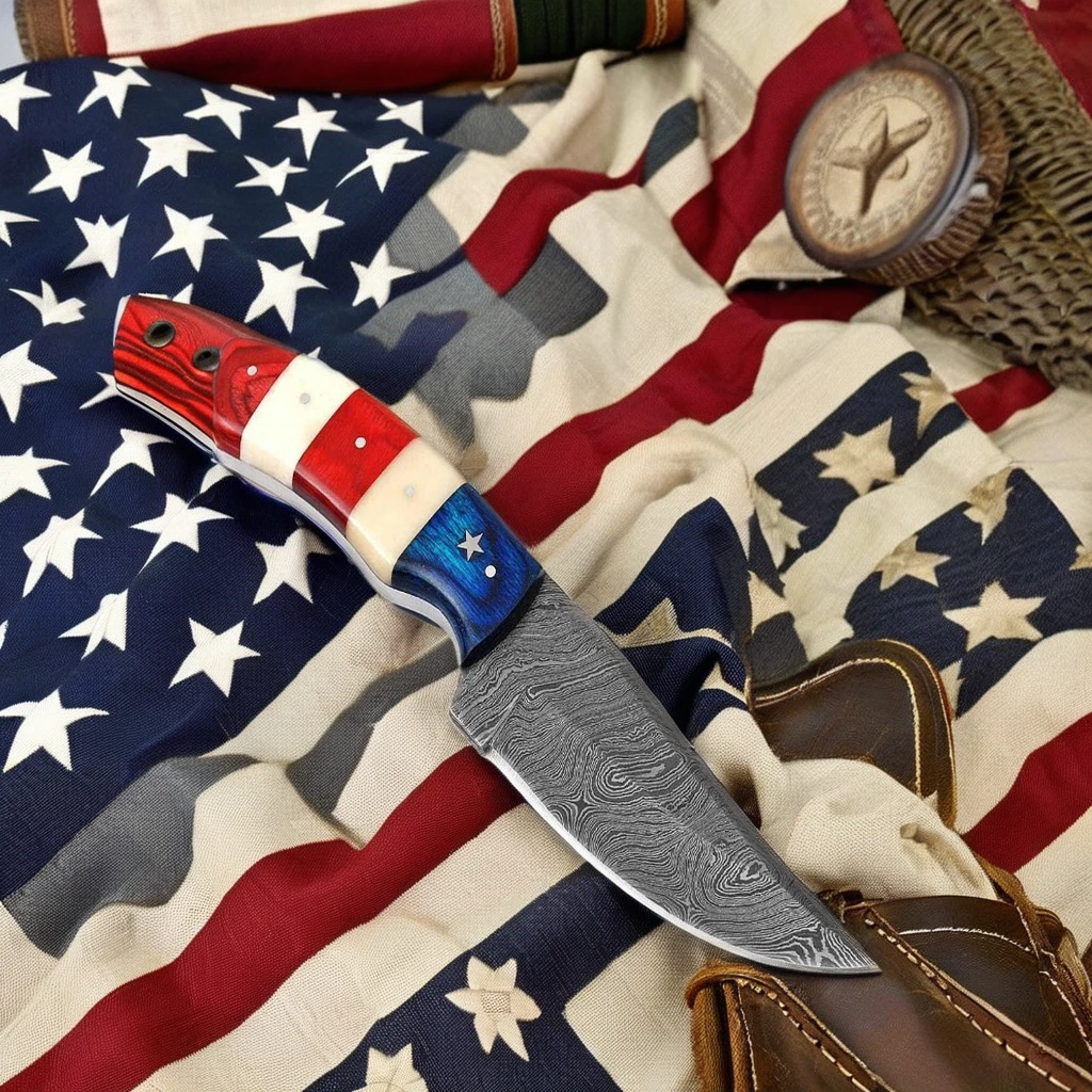 Damascus Steel Bush Craft Knife Handmade Kitchen Cutlery Set with American Flag Handle Factory Price Hunting Tool