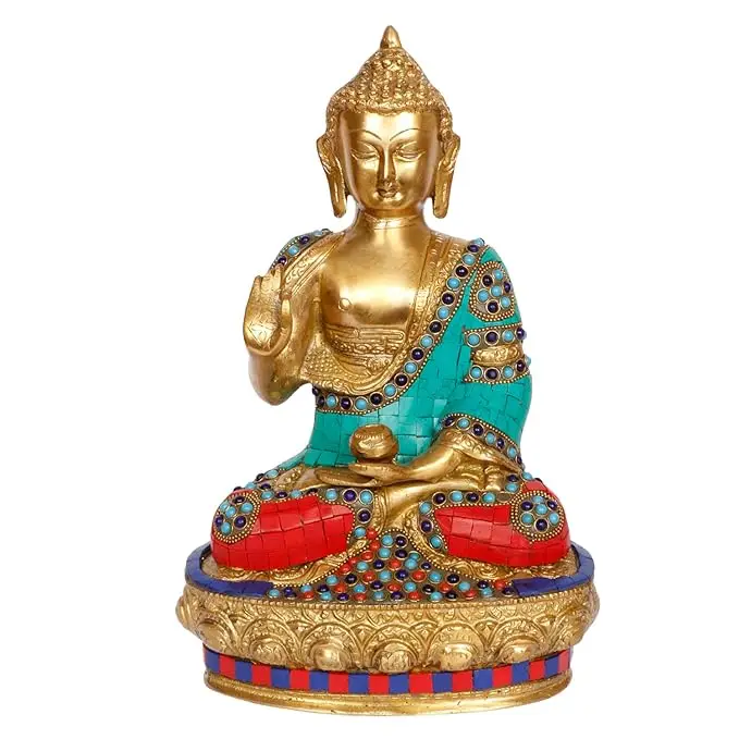 Big Buddha Statue for Home Decor Brass with Multicolor Stone Handwork Idol Figurines Vaastu Sculpture Showpiece Gift 12 Inch